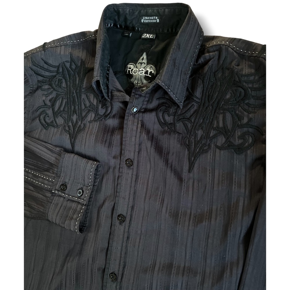 Roar Strength Refined Mens 2XL Black Embroidered Long Sleeve Button Down Shirt